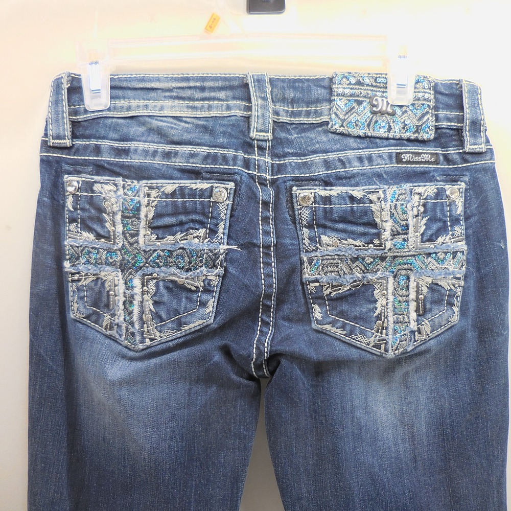 Miss Me Skinny Jeans Womens 27‎ Mid Rise Embellished Cross Pocket Blue MP8754S